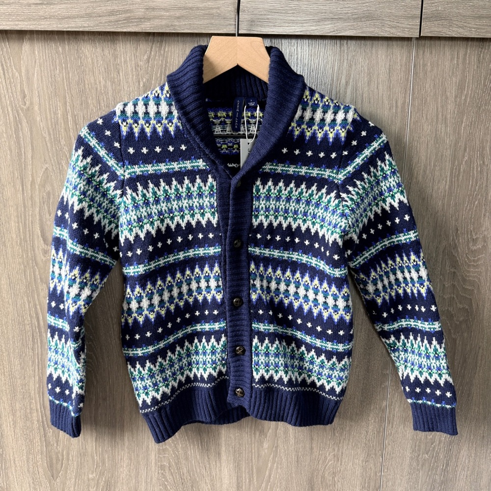 Janie & Jack Cardigan Boy 7 Navy Blue Fair Isle Shawl Collar Sweater Grandpa NWT